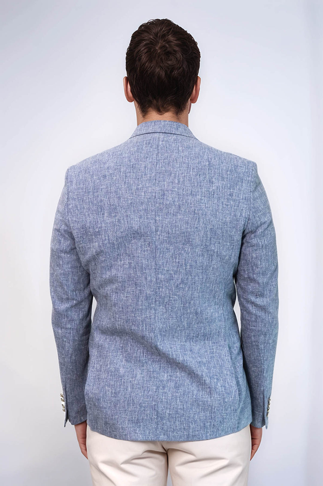 Dark Blue Textured Linen-Feel Gold Metal Button Slim Fit Men's Blazer Jacket - Wessi