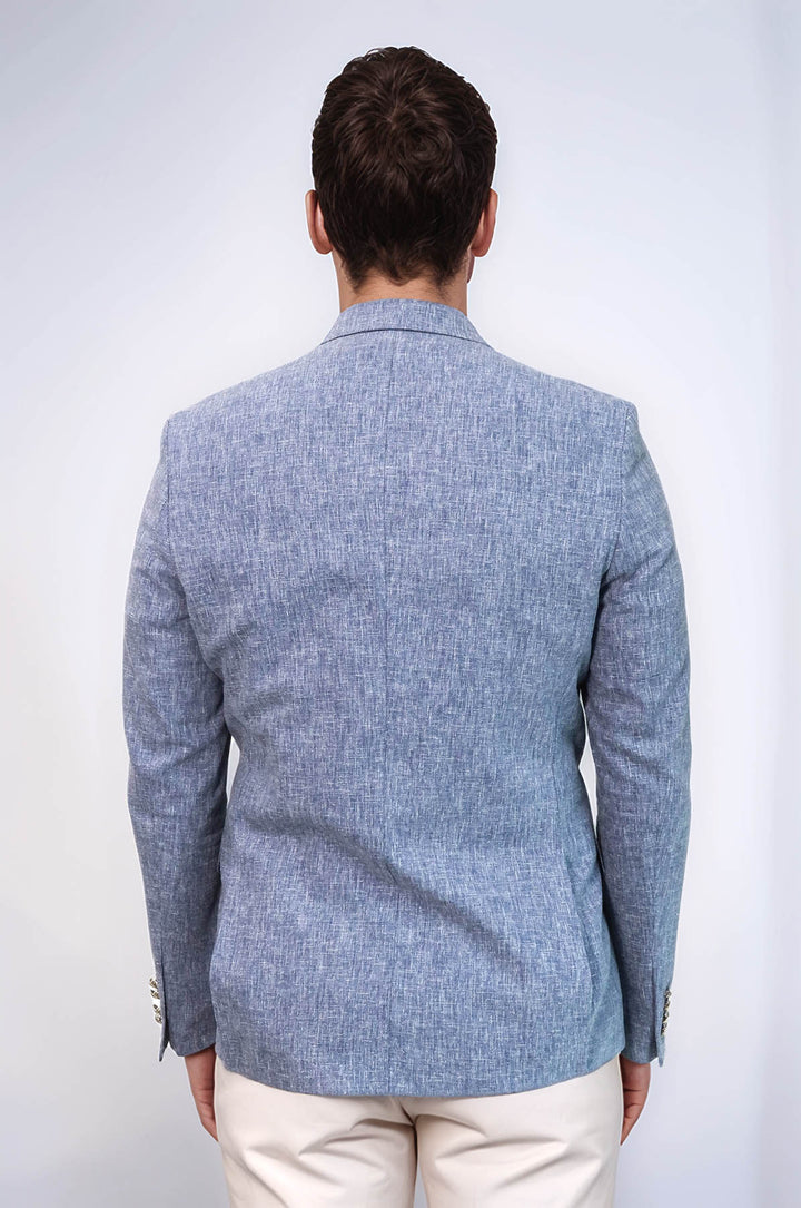Dark Blue Textured Linen-Feel Gold Metal Button Slim Fit Men's Blazer Jacket - Wessi