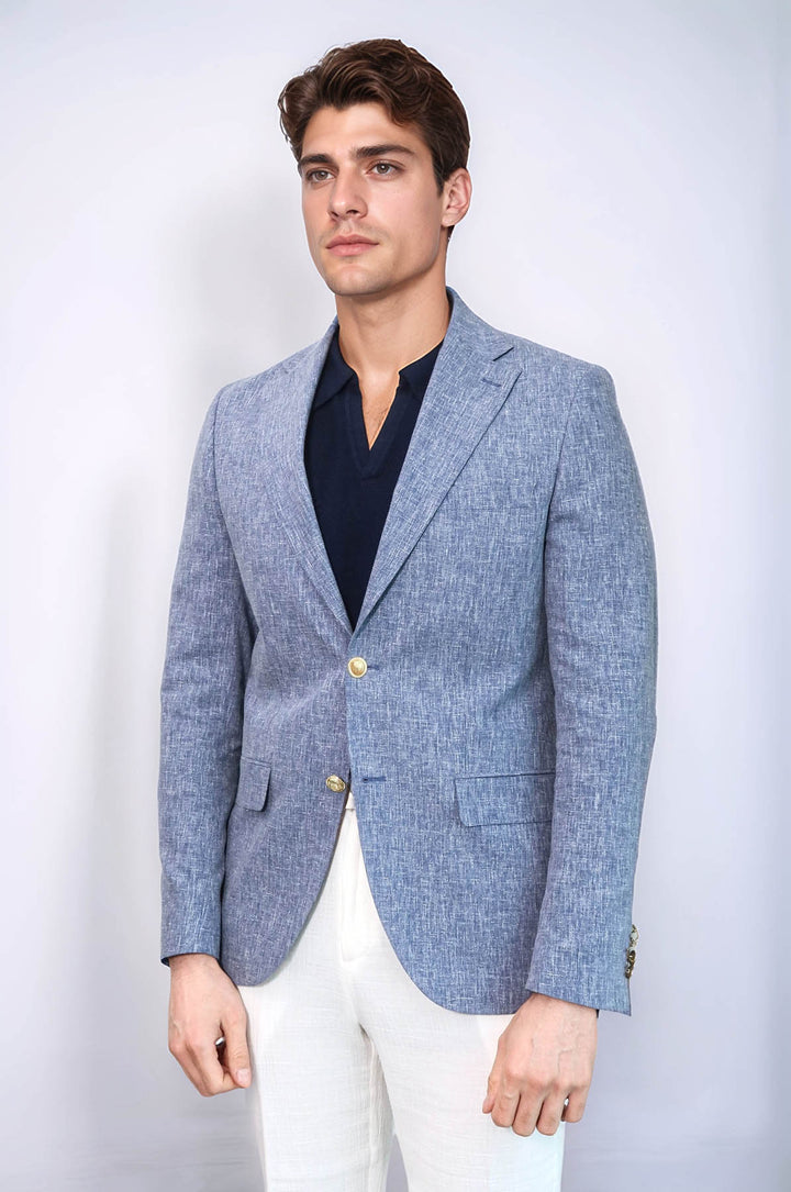 Dark Blue Textured Linen-Feel Gold Metal Button Slim Fit Men's Blazer Jacket - Wessi
