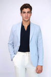 Light Blue Textured Linen-Feel Gold Metal Button Slim Fit Men's Blazer Jacket - Wessi