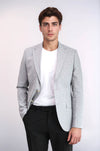 Grey Textured Linen-Feel Gold Metal Button Slim Fit Men's Blazer Jacket - Wessi