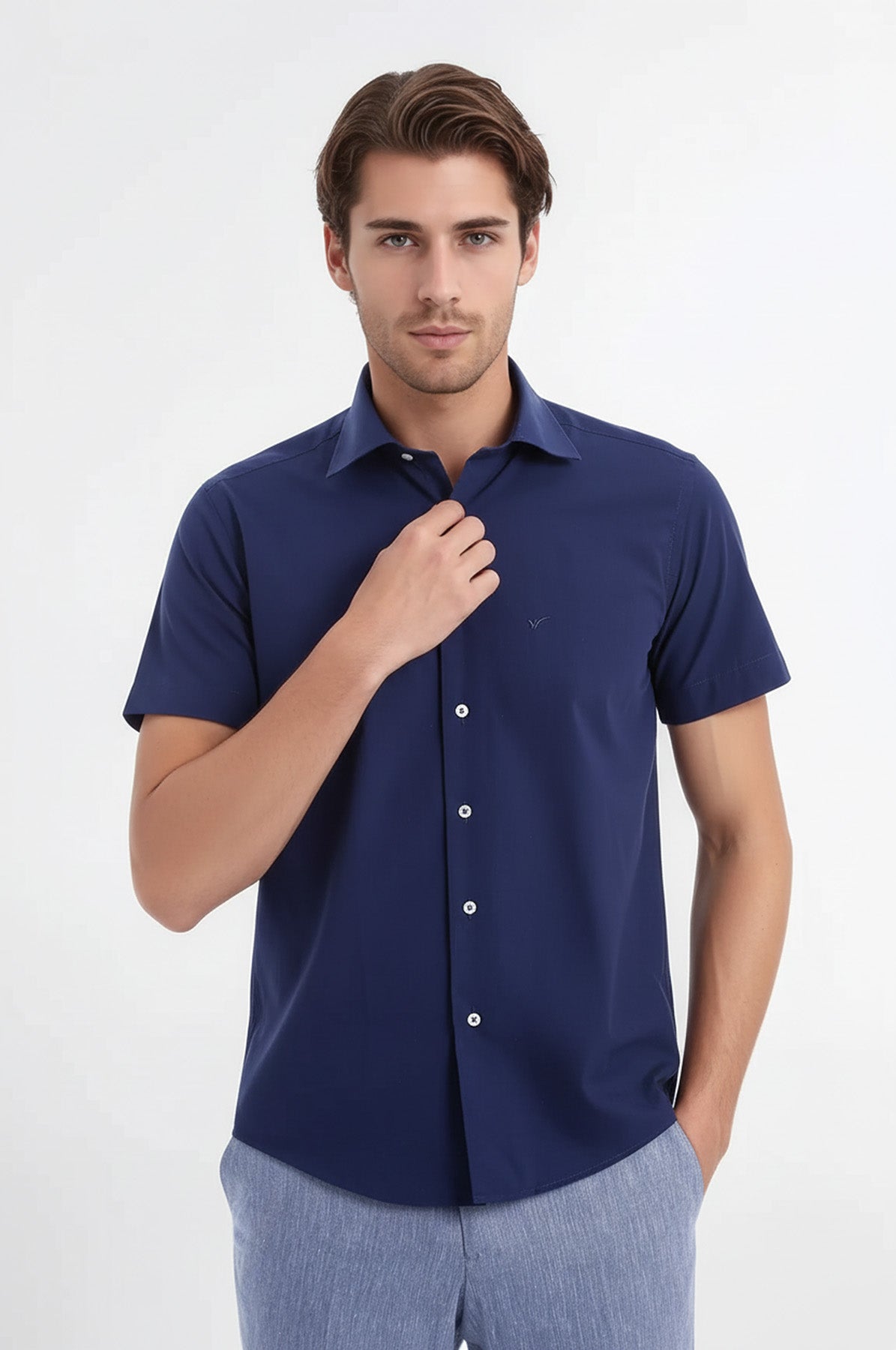 Short Sleeve Poly Cotton Slim Fit Navy Blue Men Shirt - Wessi – Wessi