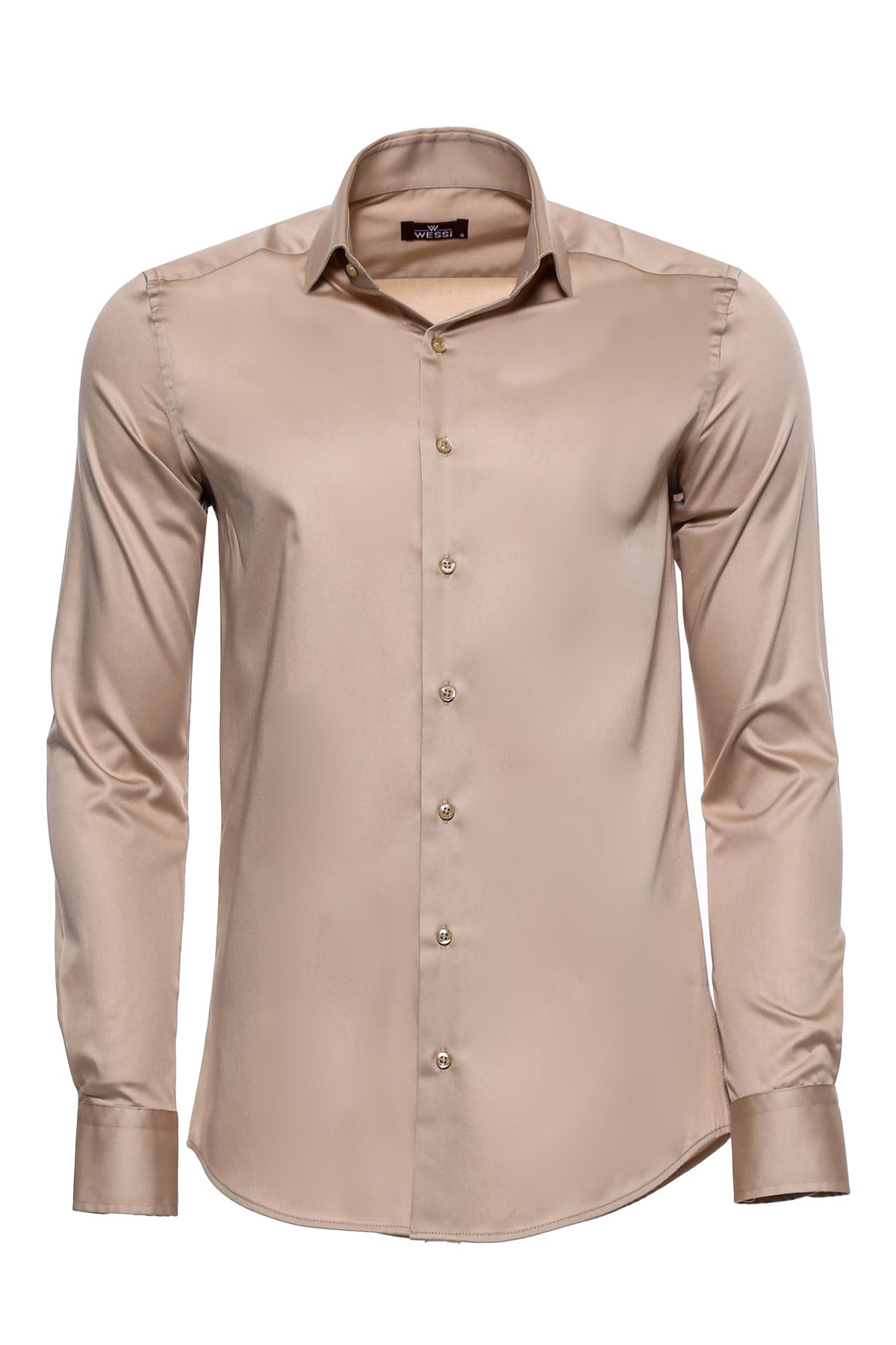 Cotton Satin Plain Long Sleeves Slim Fit Beige Men Shirt