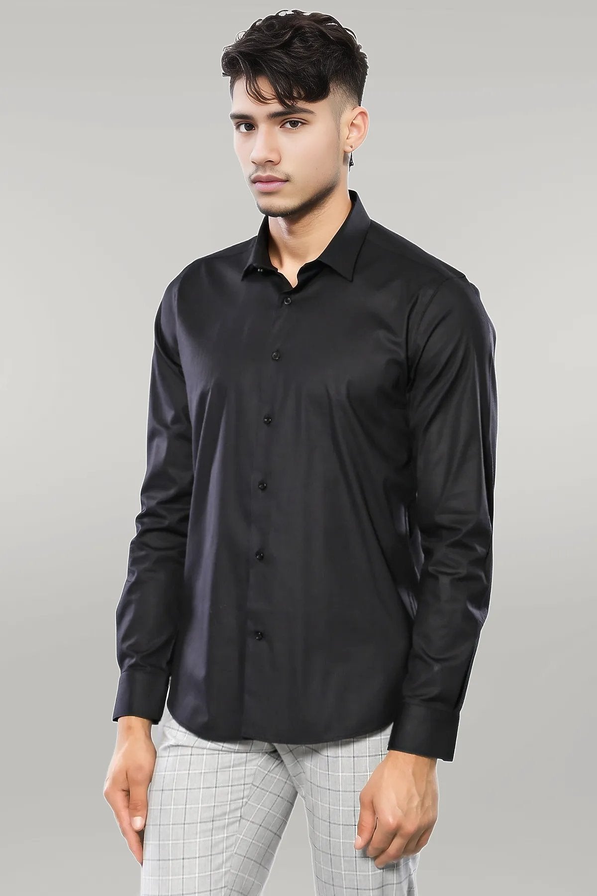 Plain Slim Fit Black Men Shirt