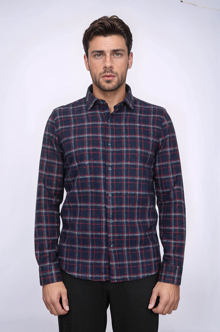 قميص حطاب سميك منقوش باللون الأزرق الداكن للرجال - ويسي