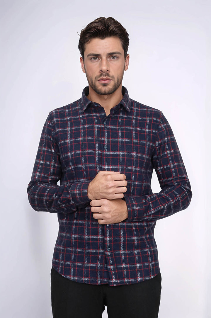 قميص حطاب سميك منقوش باللون الأزرق الداكن للرجال - ويسي