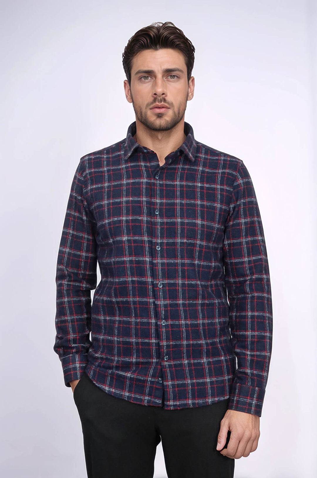 قميص حطاب سميك منقوش باللون الأزرق الداكن للرجال - ويسي