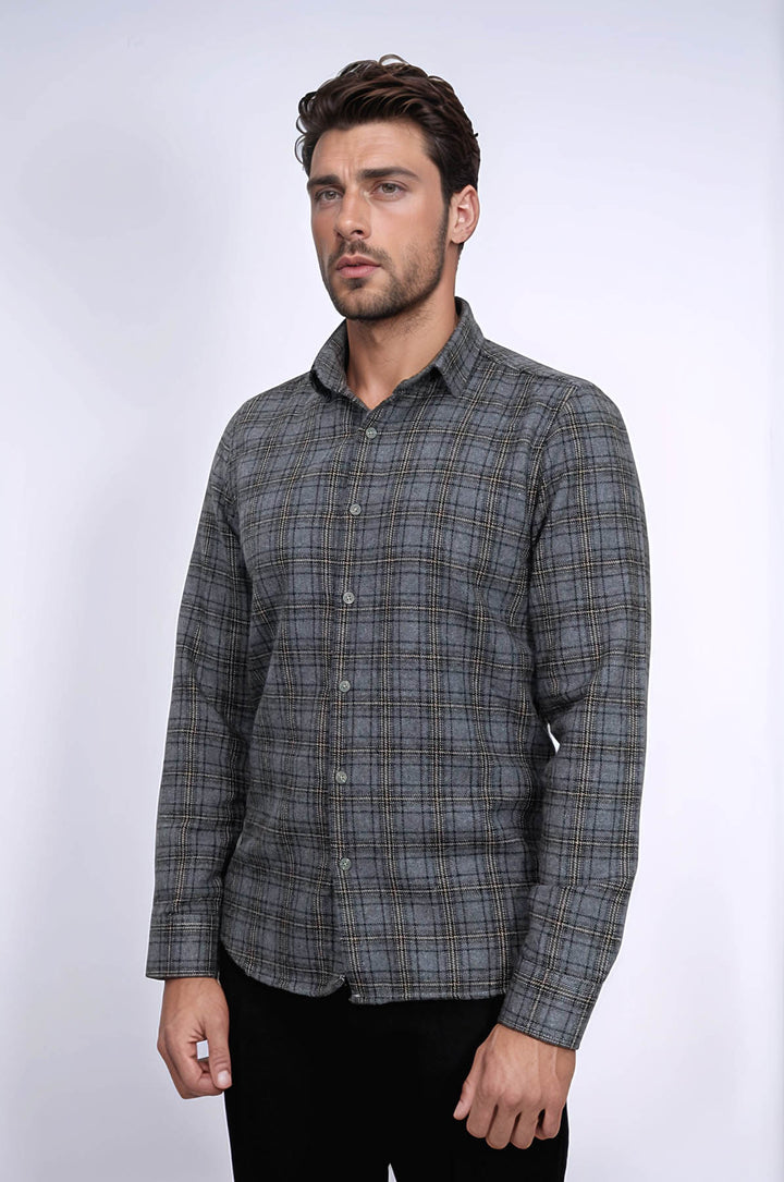 قميص حطاب منقوش باللون الرمادي الداكن للرجال - ويسي