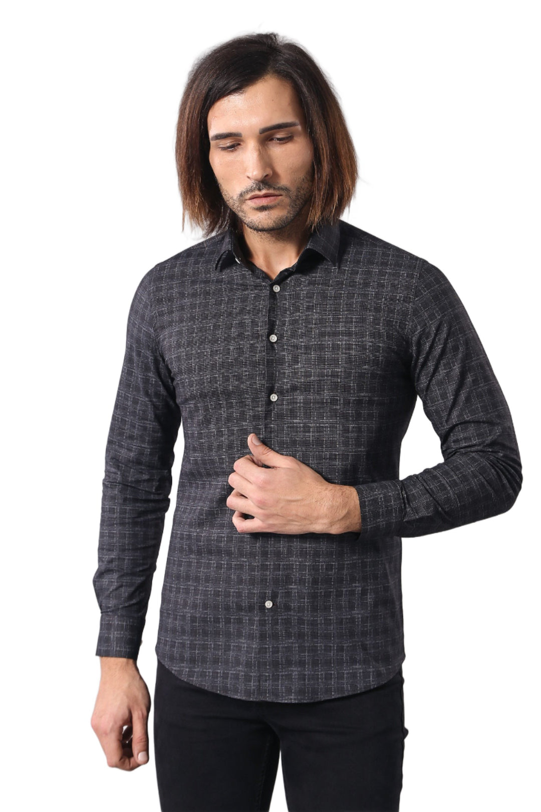 Camicia nera con motivo a quadri | Wessi - Wessi