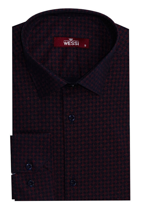 Houndstooth Pattern Slim Fit Burgundy Men Shirt - Wessi