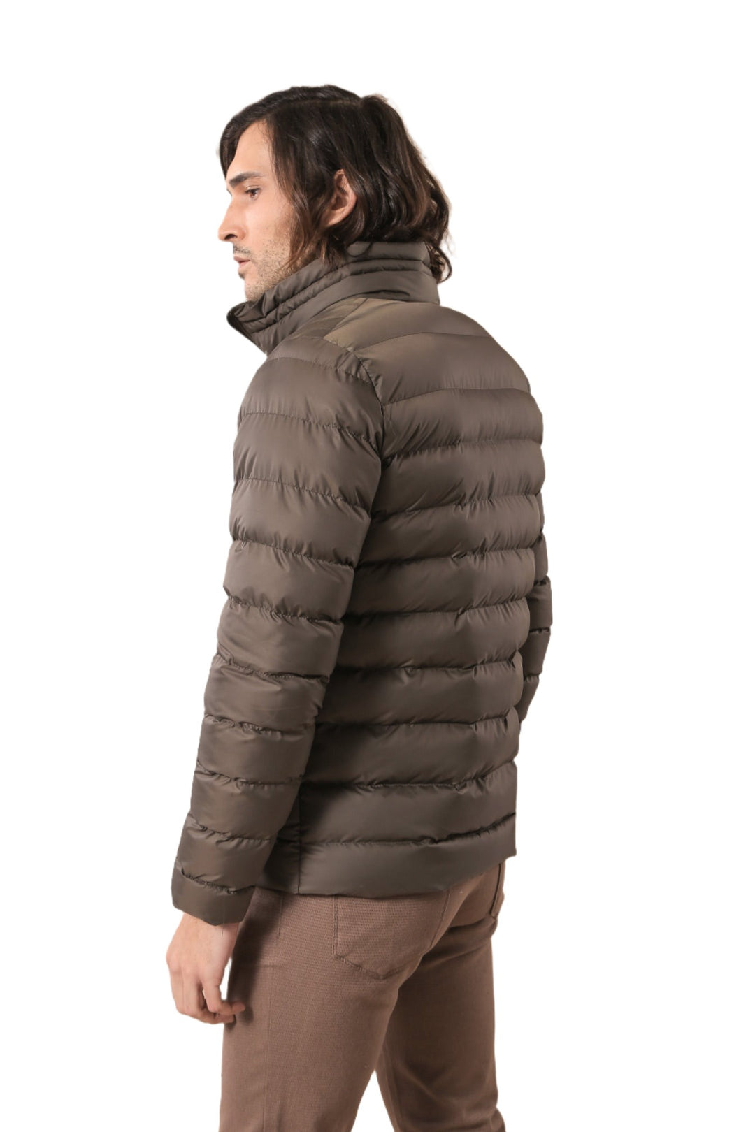 Quilted Standing Collar 2 Pockets Short Khaki Men Down Coat - Wessi