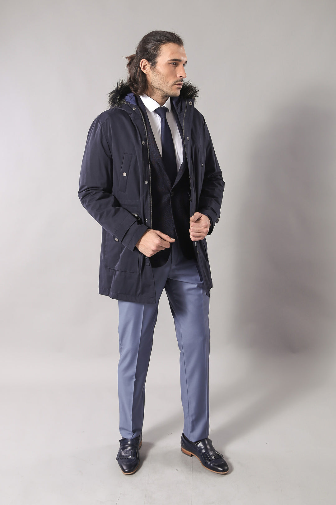 Abrigo de piel con capucha azul marino para hombre - Wessi