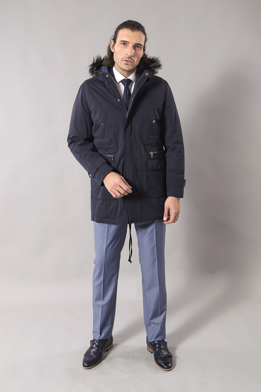 Abrigo de piel con capucha azul marino para hombre - Wessi