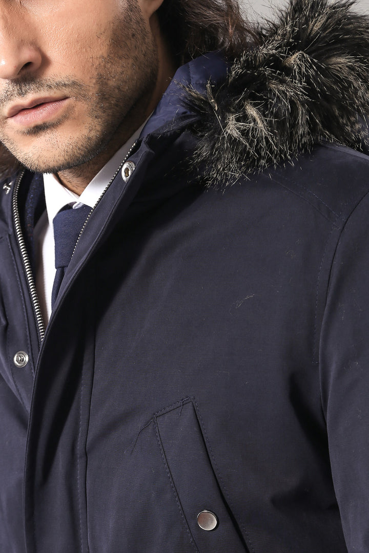 Abrigo de piel con capucha azul marino para hombre - Wessi