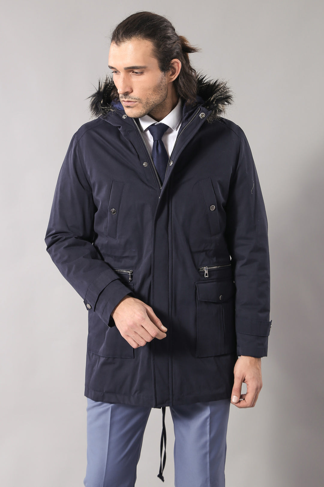 Abrigo de piel con capucha azul marino para hombre - Wessi