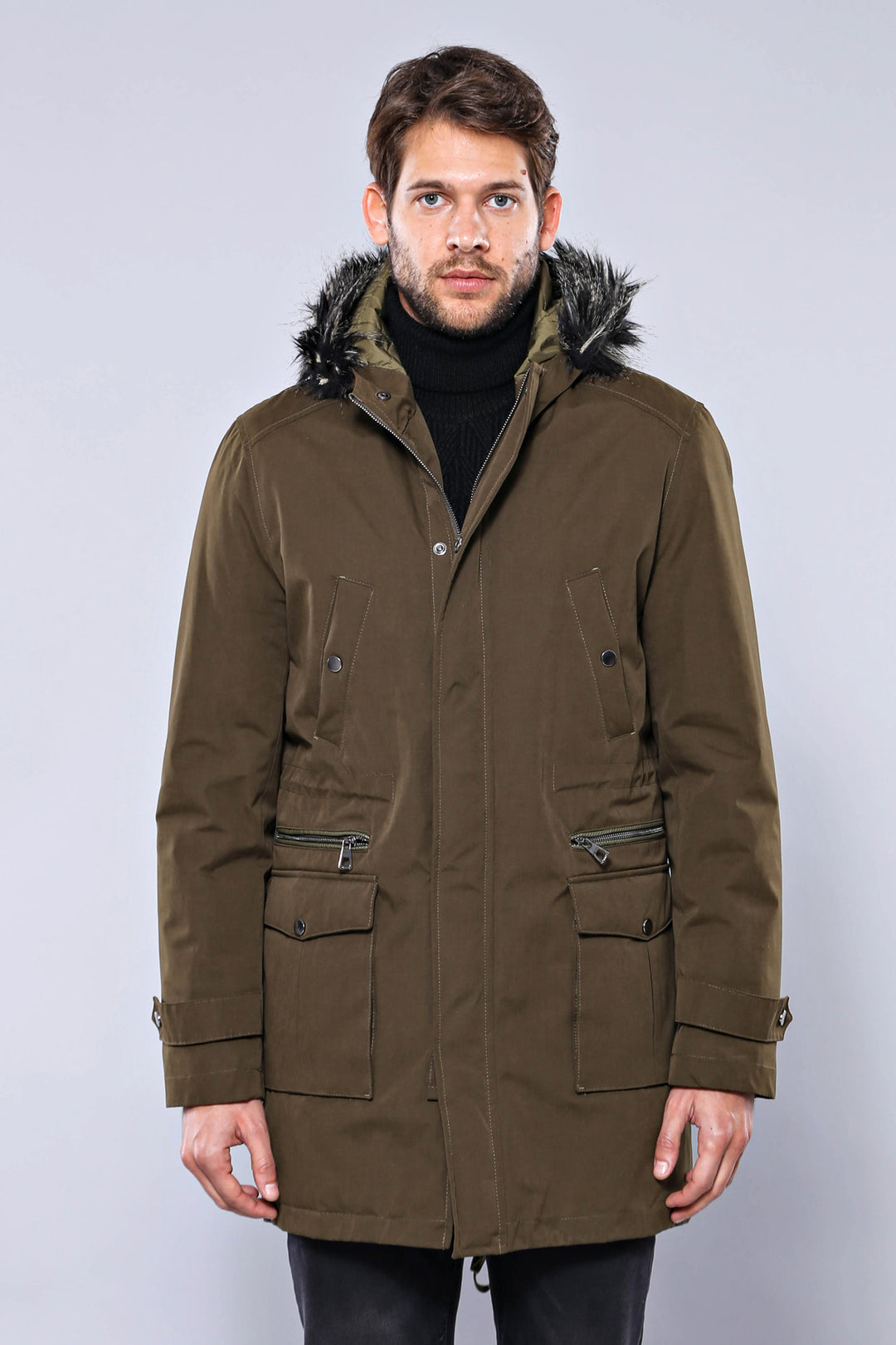 Fur Hooded Parka Khaki Men Coat - Wessi