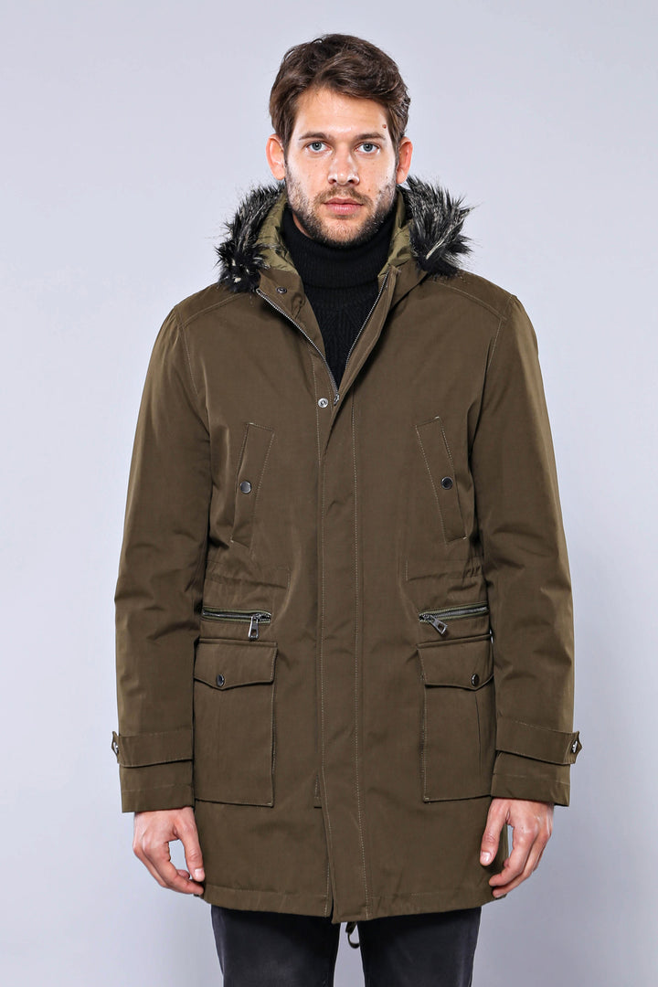 Fur Hooded Parka Khaki Men Coat - Wessi