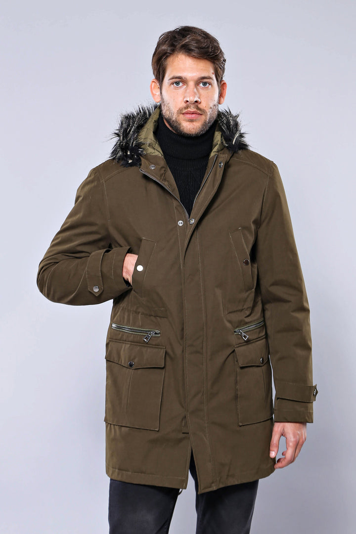 Fur Hooded Parka Khaki Men Coat - Wessi