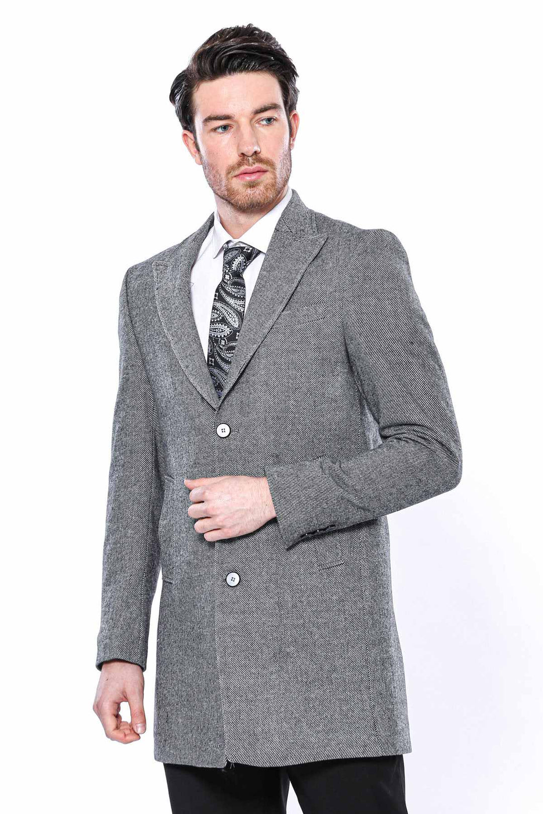 Cachet Peak Lapel Grey Men Long Coat - Wessi