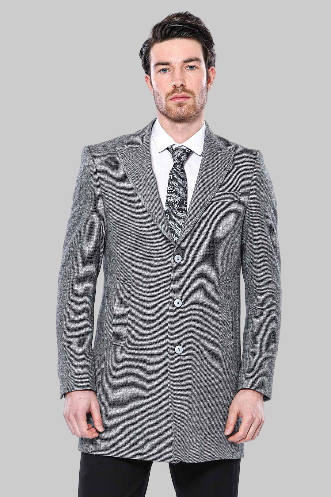 Cachet Peak Lapel Grey Men Long Coat - Wessi