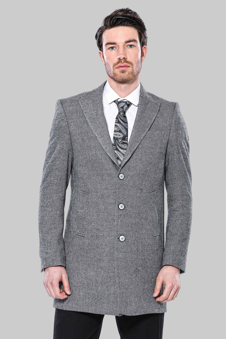 Cachet Peak Lapel Grey Men Long Coat - Wessi