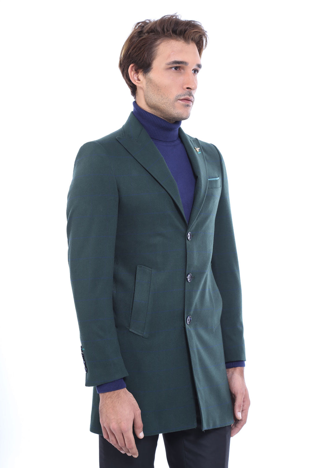 Wide Pointed Collar Green Men Coat - Wessi