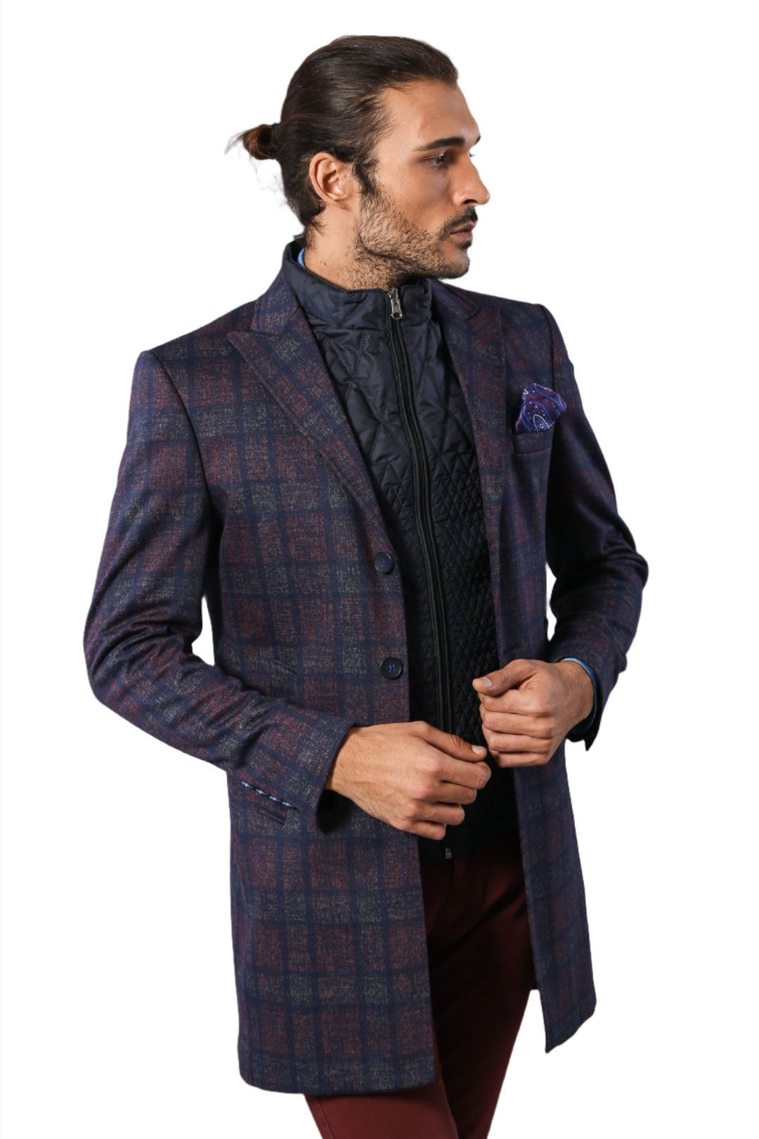 Double-Breasted Plaid Burgundy Men Coat - Wessi
