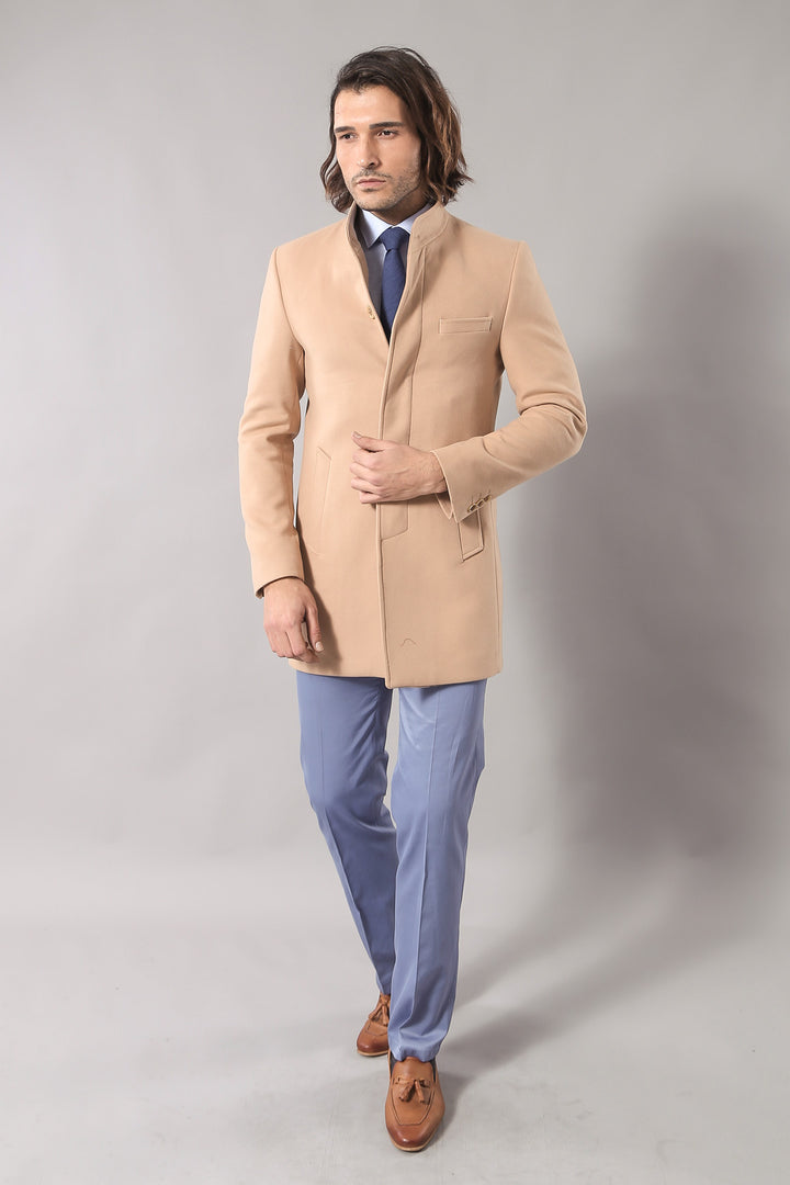 Cappotto lungo da uomo beige con collo alla coreana | Wess