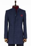 Standing Collar Checked Navy Blue Men Coat - Wessi