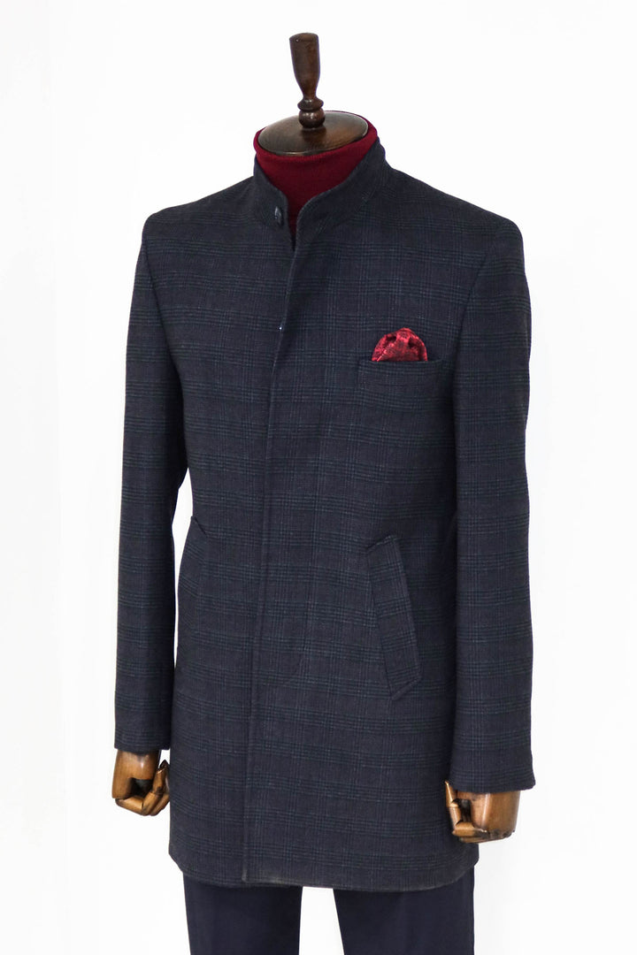 Standing Collar Checked Navy Blue Men Coat - Wessi