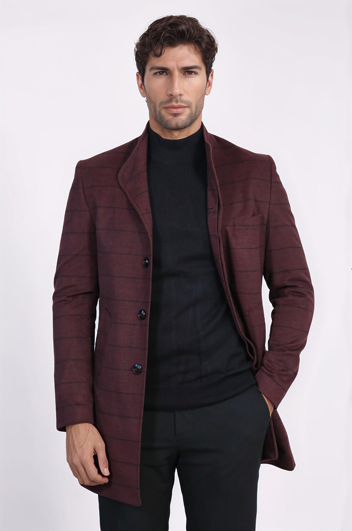 Mandarin Collar Burgundy Checked Coat - Wessi – Wessi - Discover