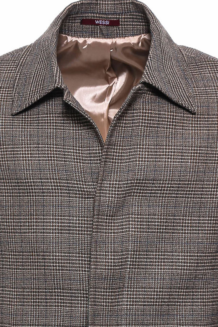 Brown Checked Hidden Button Coat - Wessi