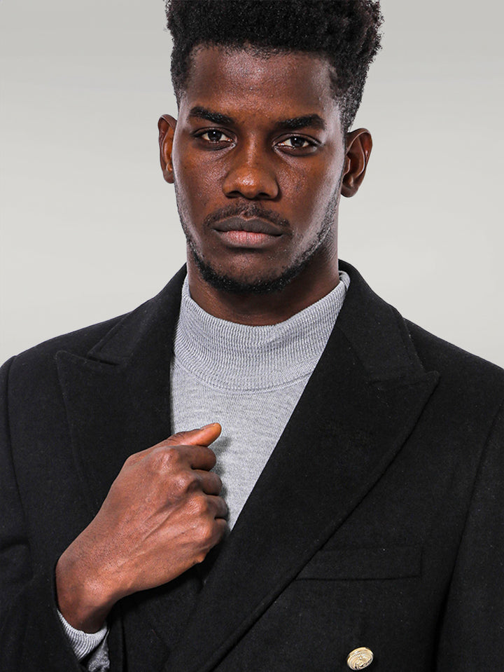 Cappotto lungo da uomo nero doppiopetto con bottoni in metallo - Wessi