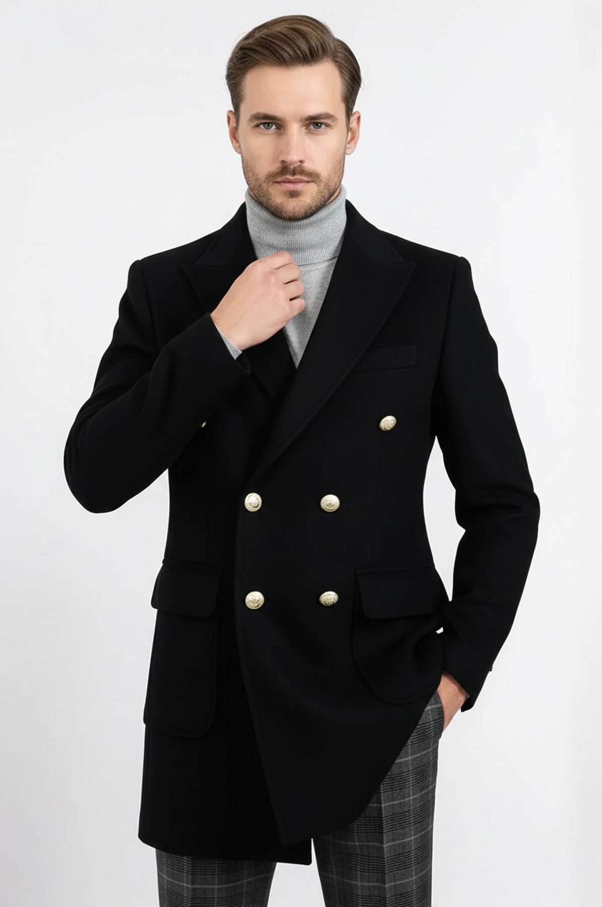 Metal Buttoned Double Breasted Black Men Long Coat - Wessi – Wessi