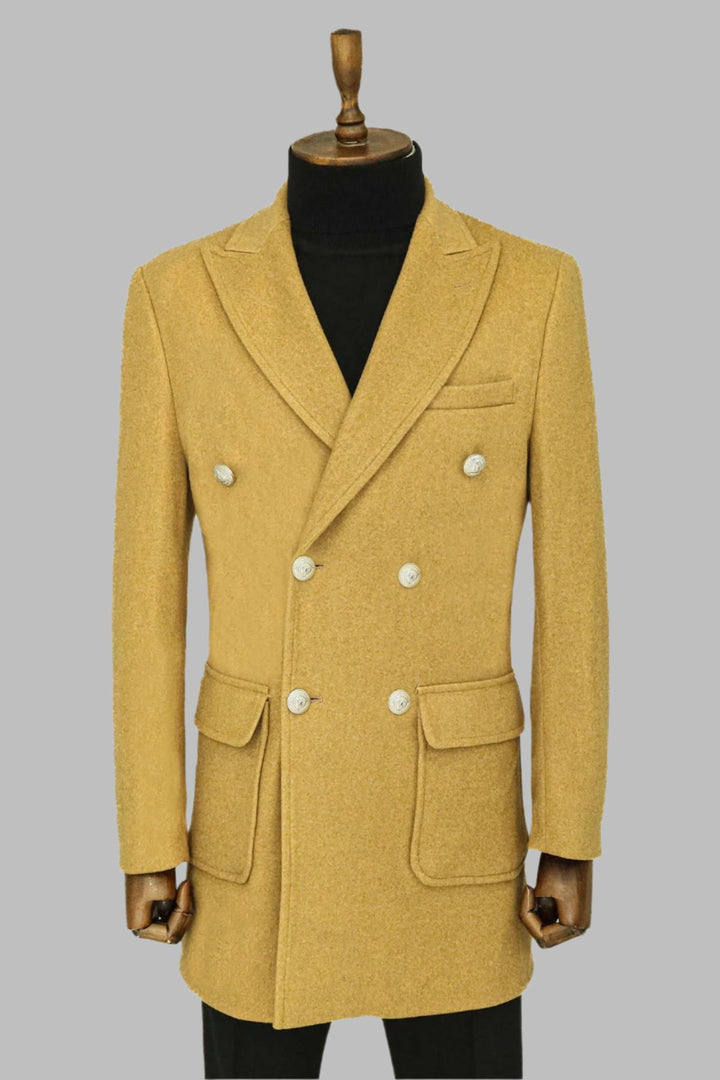 Boutons Métalliques Laine Cachemire Tan Manteau Double Boutonnage Homme - Wessi