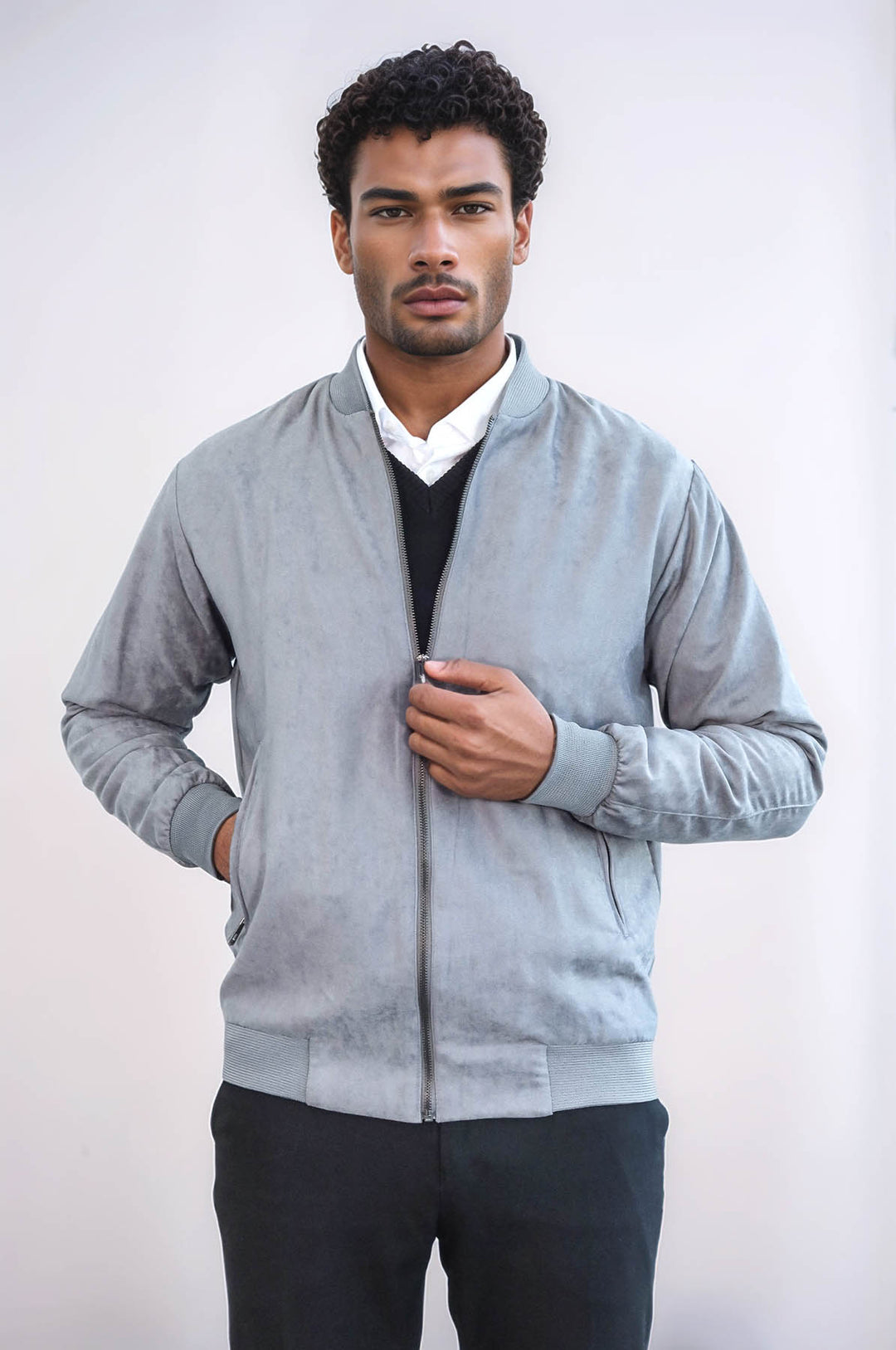 Manteau Bomber Homme Gris Uni avec Poches Zippées - Wessi