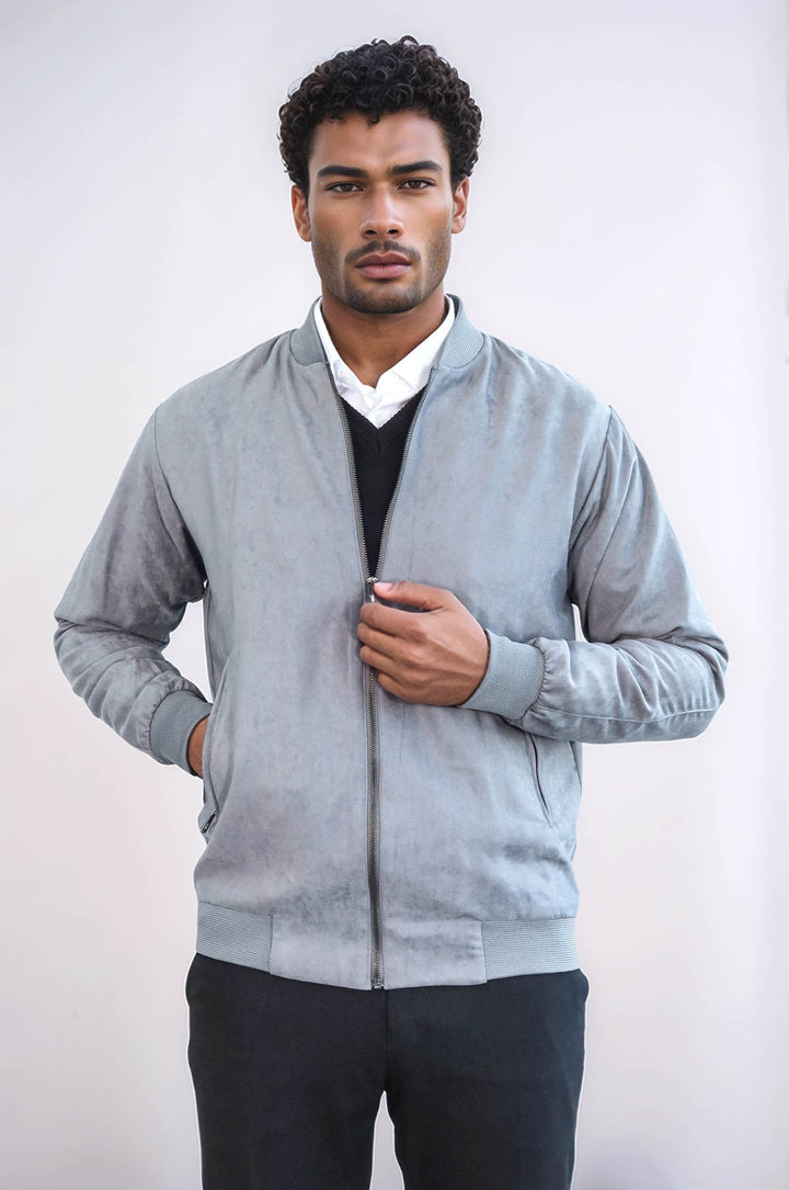Manteau Bomber Homme Gris Uni avec Poches Zippées - Wessi