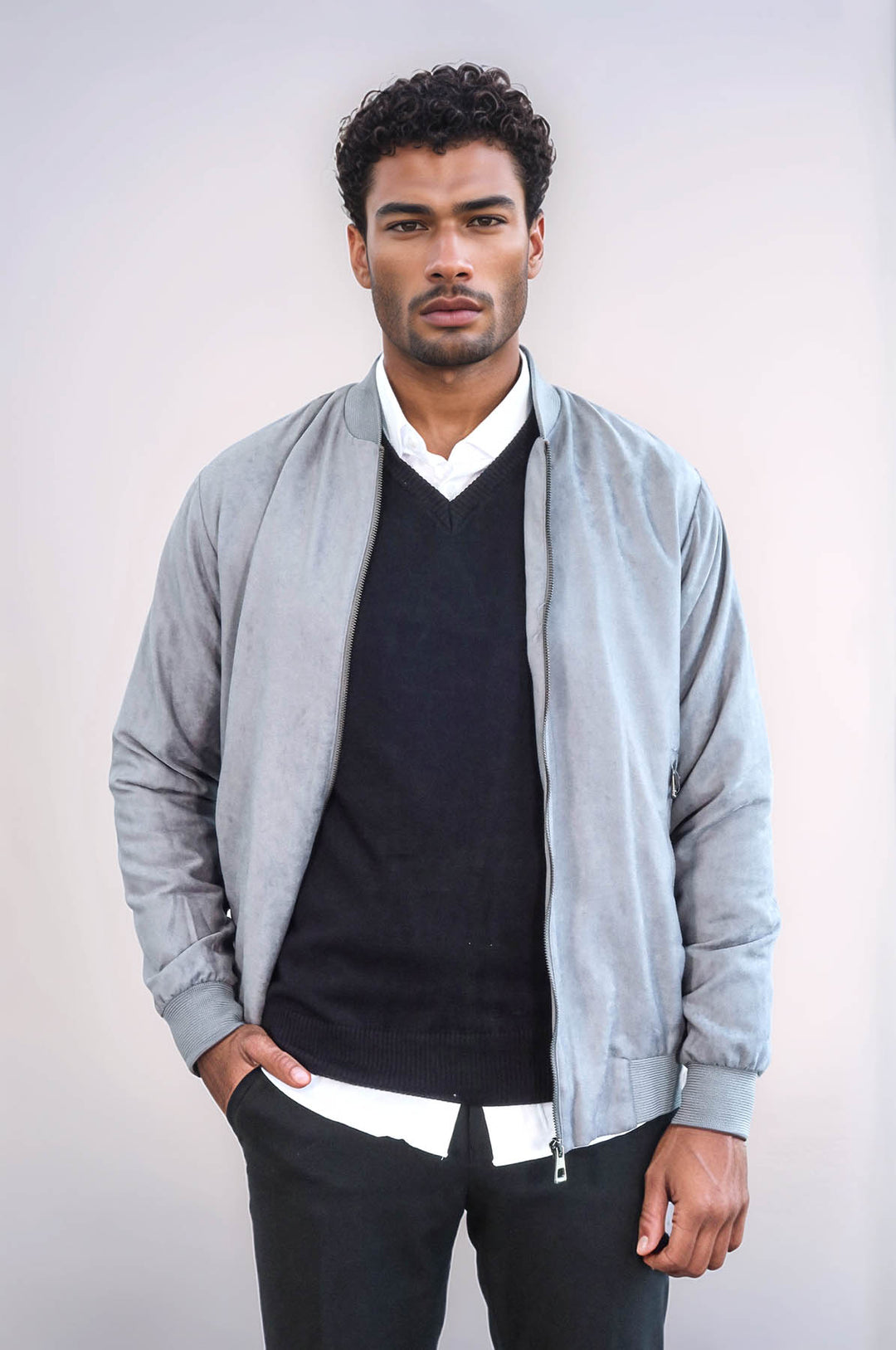 Manteau Bomber Homme Gris Uni avec Poches Zippées - Wessi