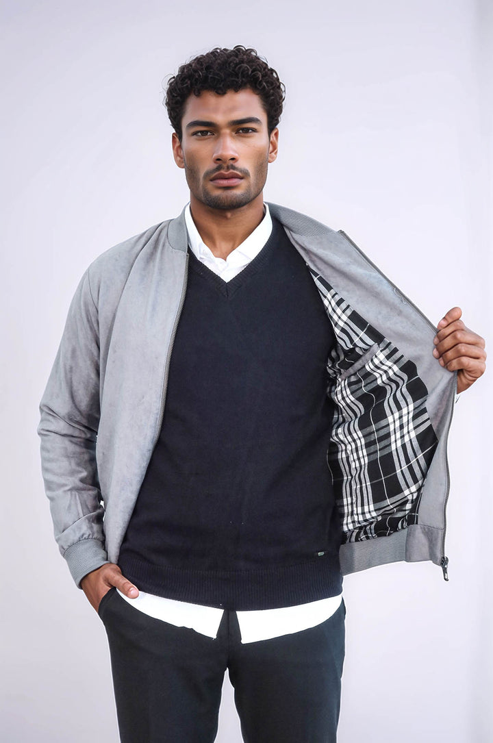 Manteau Bomber Homme Gris Uni avec Poches Zippées - Wessi