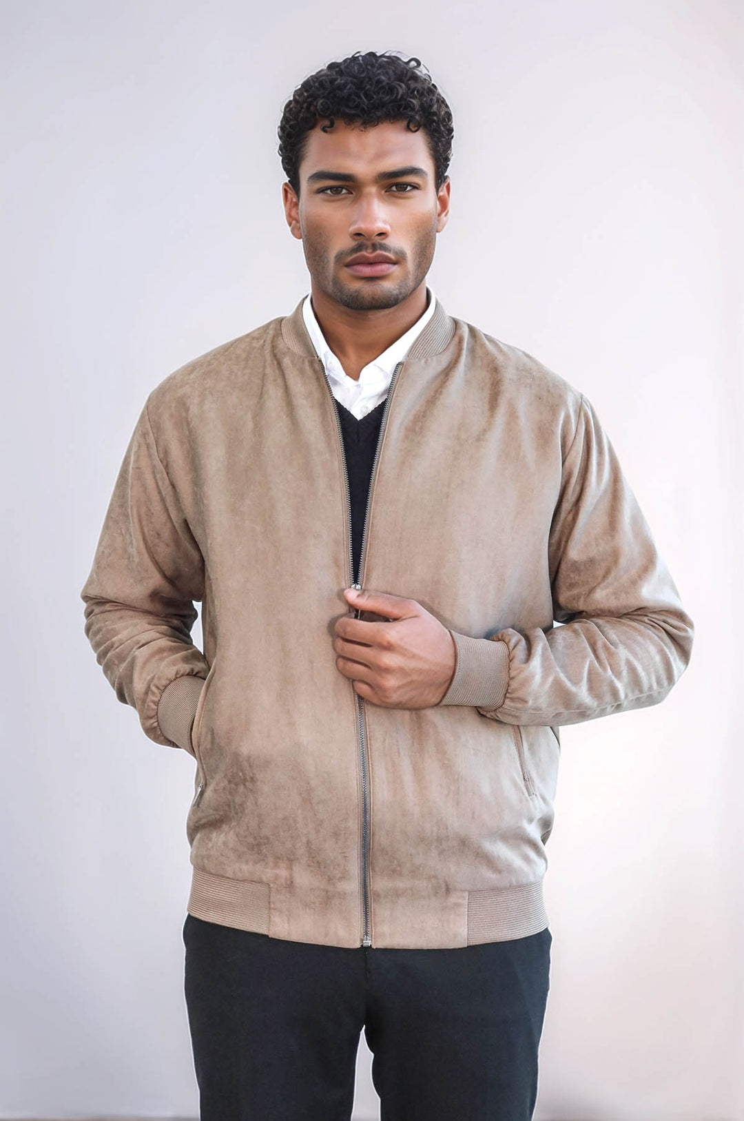 Кремовое мужское пальто-бомбер с однотонным карманом на молнии - Wessi