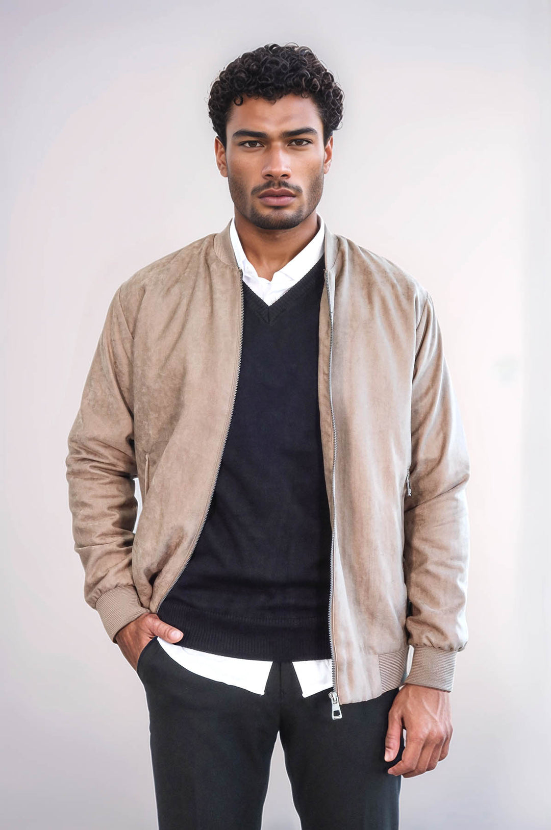 Кремовое мужское пальто-бомбер с однотонным карманом на молнии - Wessi