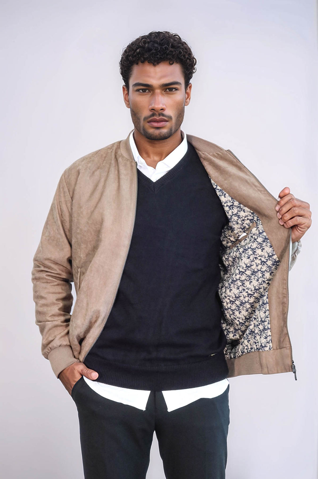 Кремовое мужское пальто-бомбер с однотонным карманом на молнии - Wessi