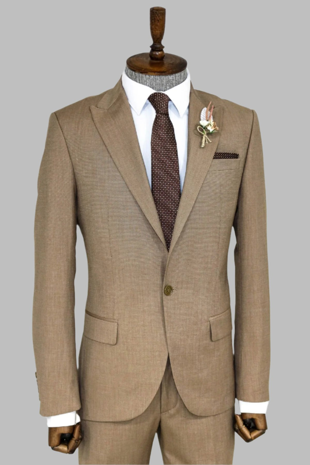 2 Piece Patterned Slim Fit Dark Beige Men Suit - Wessi