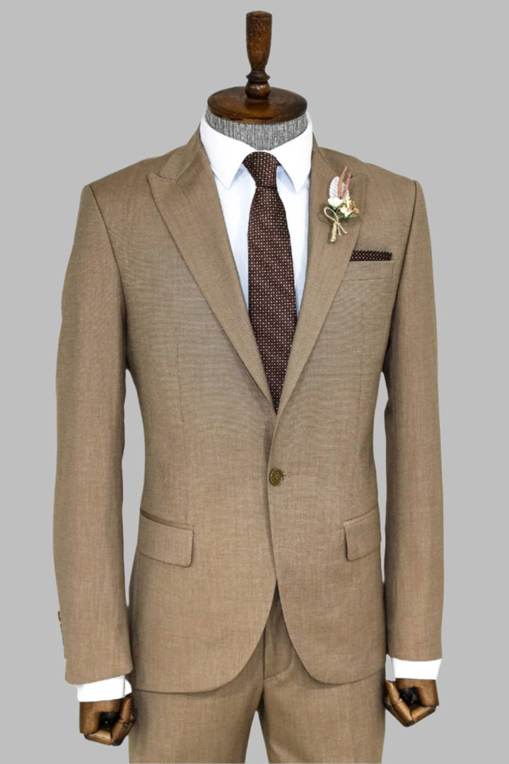 2 Piece Patterned Slim Fit Dark Beige Men Suit - Wessi