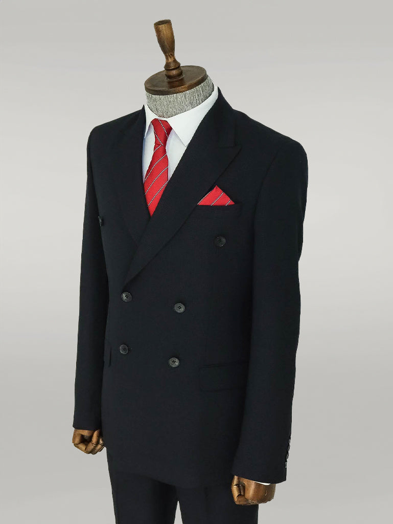 بدلة رجالية سوداء ذات طية صدر واسعة وصدر مزدوج منقوشة - Wessi