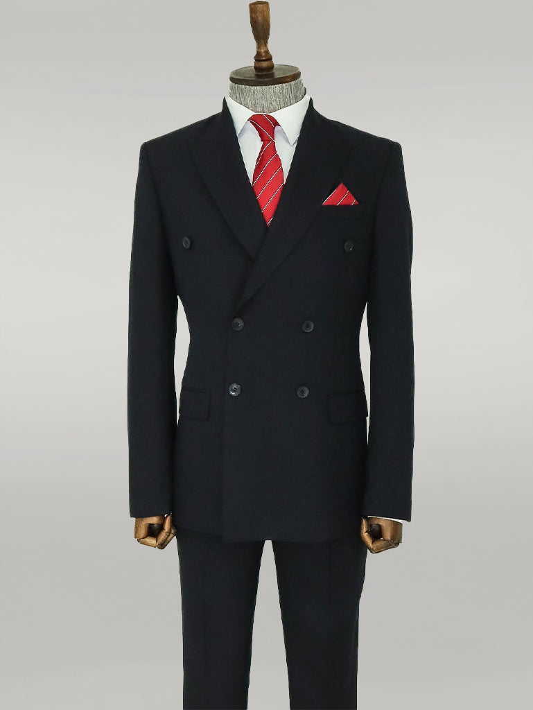 بدلة رجالية سوداء ذات طية صدر واسعة وصدر مزدوج منقوشة - Wessi