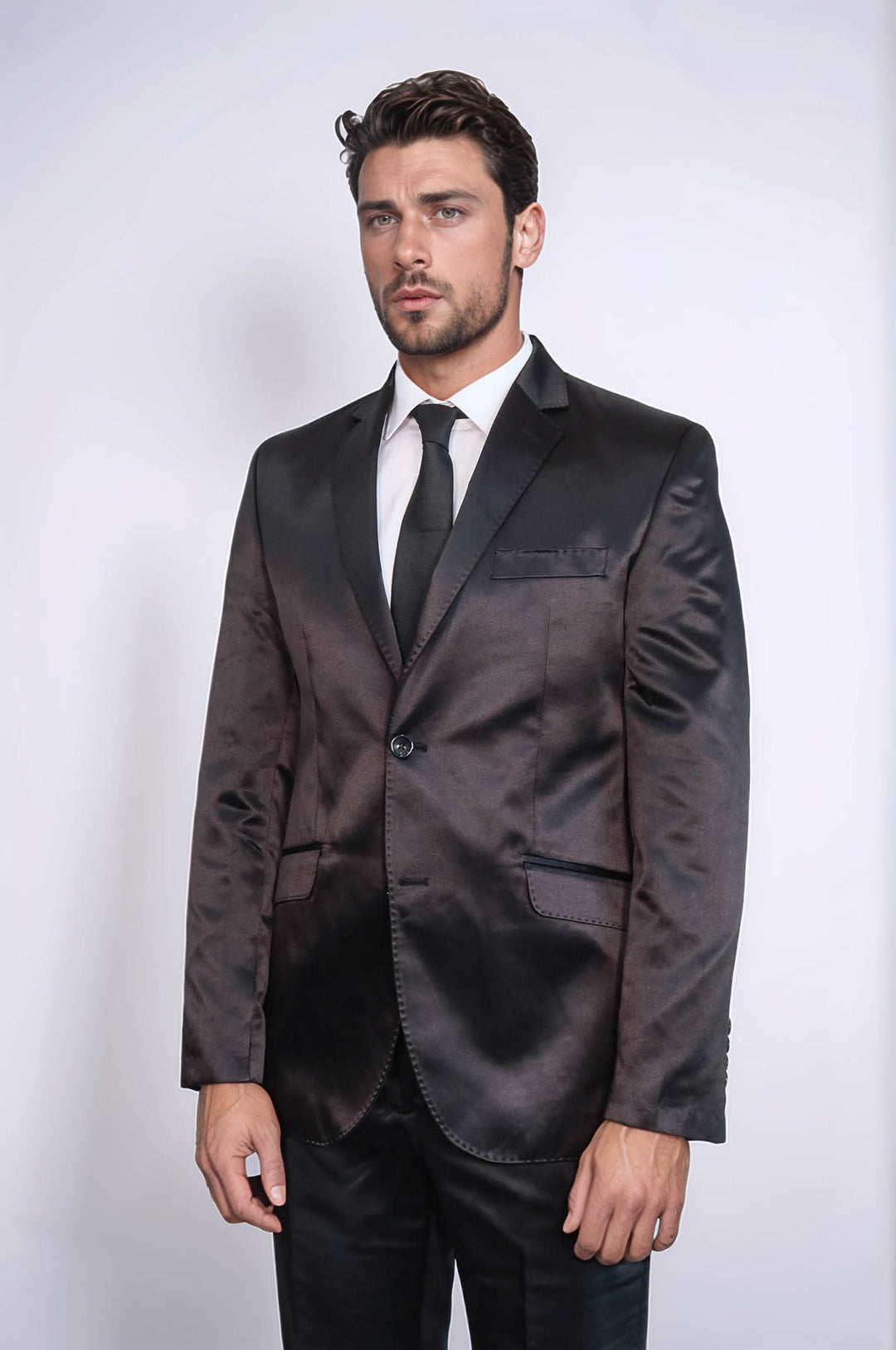 Two Piece Two Buttons Modeled Lapel Satin Black Men Groom Suit