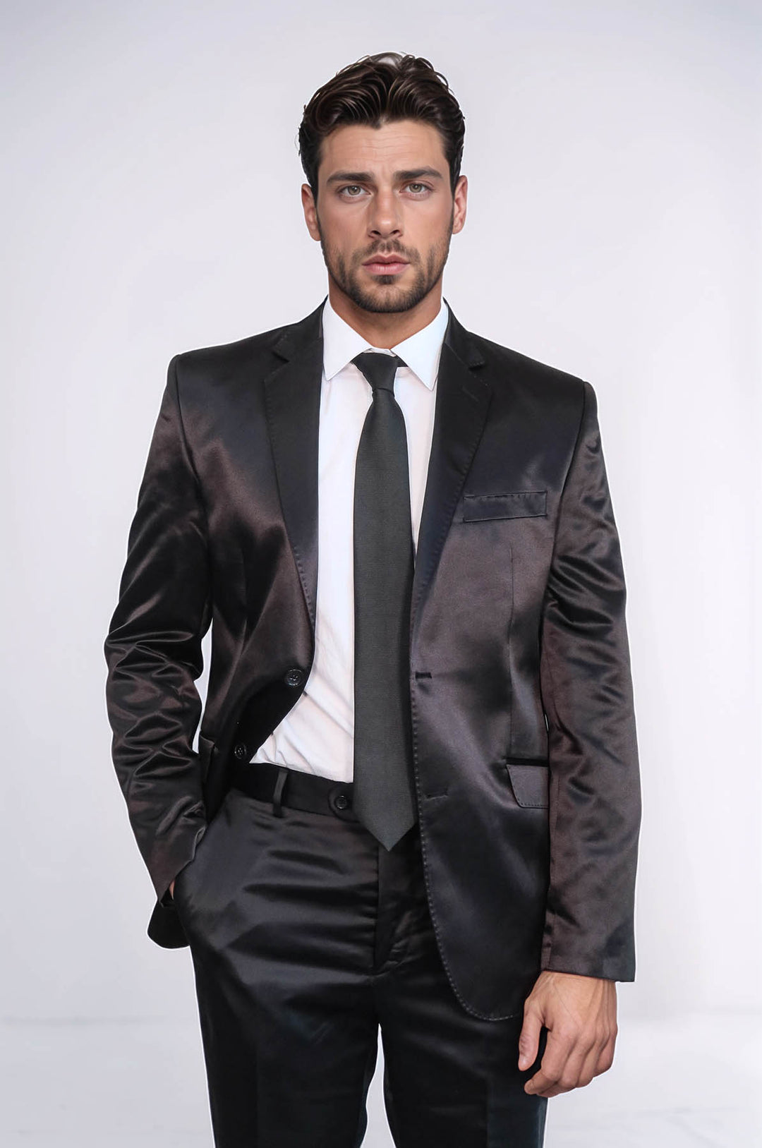 Two Piece Two Buttons Modeled Lapel Satin Black Men Groom Suit