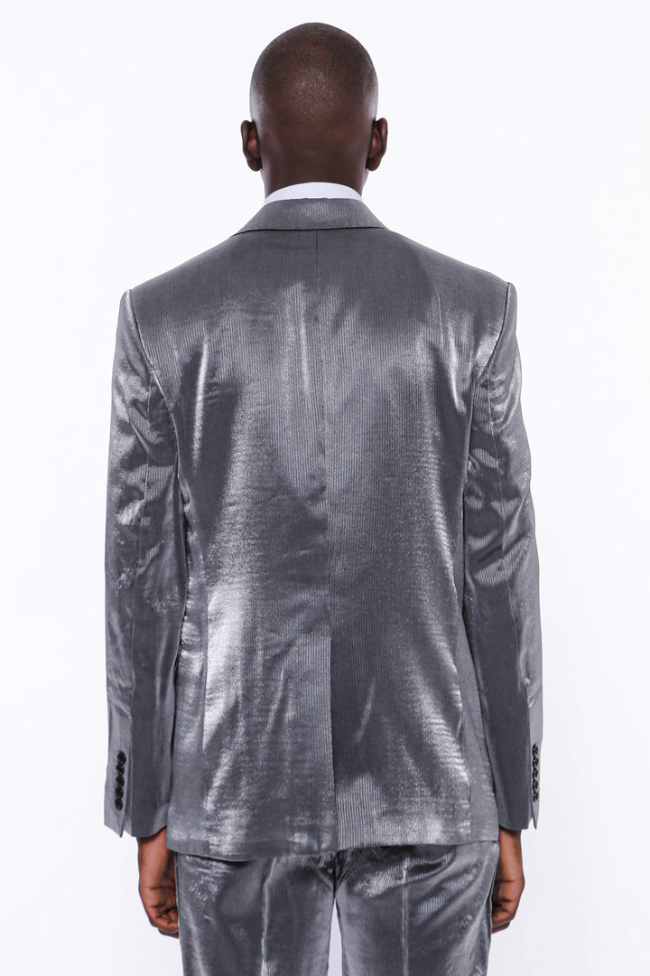 Тонкий атласный серый мужской костюм из двух частей с двумя пуговицами