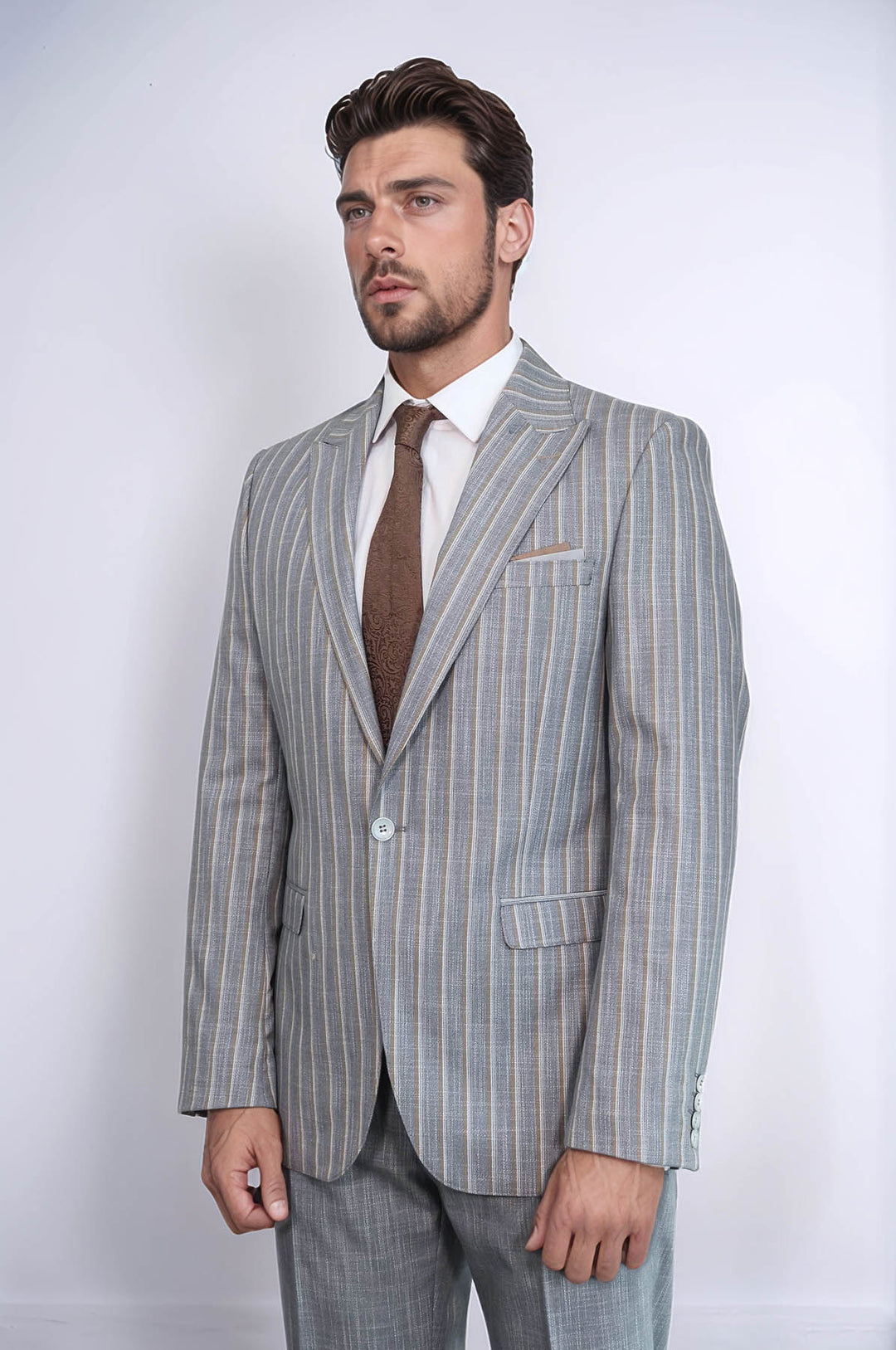 Costume Homme Blazer Rayé Pantalon Uni Gris - Wessi